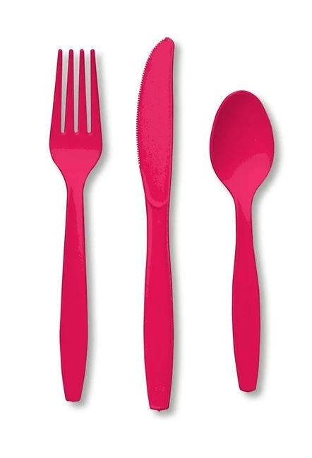 24 Piece Hot Pink Magenta Premium Plastic Forks, Spoons, Knives Cutlery - 8 ea - Image 1 of 1