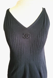 AUTH CHANEL BLACK COTTON SUMMER MINI DRESS EMBROIDERED CC LOGO 40 - Picture 1 of 13