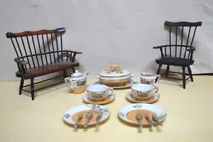 Vintage Miniature Tea/Coffee Set For Two W/ Chair And Bench Floral Gold Tone - Picture 1 of 11