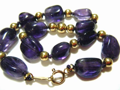 7.5" Vintage 80s 14K Yellow Gold & Natural Dark Purple Amethyst Pebbles Bracelet - Image 1 of 4