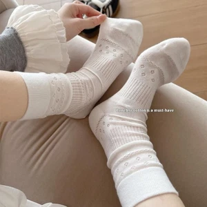 Women Thin Hollow Out Mid-tube Socks JK Lolita Sweet Girls Japanese Solid Color - Picture 1 of 13