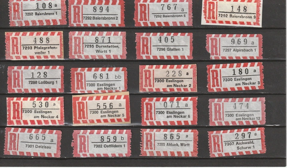 20 R-Zettel BRD, versch. Postämter, 7292 Beiersbronn 1 bis 7307 Aichwald Schurw1 - Bild 1 von 1