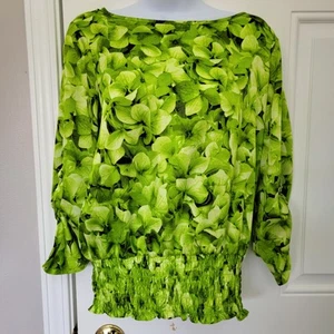 Michael Kors Women's Blouse Bright Green Floral Ruched Waist Satin Size Small - Picture 1 of 10