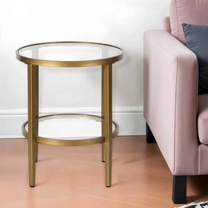24" Antiqued Brass And Clear Glass And Steel Round End Table With Shelf - Picture 1 of 11