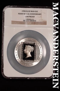 Isle of Man 1990 Silver 5 Crown - Penny Black Anniversary NGC Gem Proof #ALB597 - Picture 1 of 2