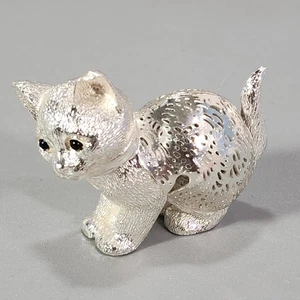 Christofle France Lumiere Kitten Figurine Silver-Plated Cat Black Onyx Eyes 1.5" - Picture 1 of 13