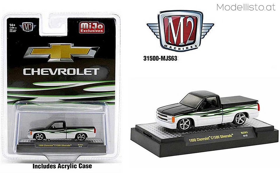 M2MACHINES - CHEVROLET C1500 Silverado Pick-up 1990 bianco-nero-verde - 1/64 ... - Immagine 1 di 1
