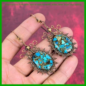 Copper Copper Chrysocolla Stone Ethnic Wire Wrapped Dangling Earrings Jewelry - Picture 1 of 6