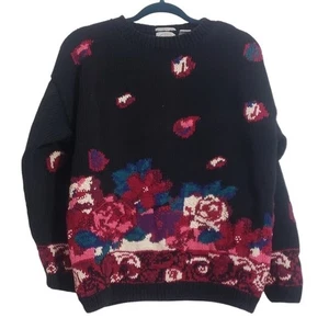 Suéter Vintage Años 90 Cape Isle Floral Tejido a Mano Negro Rosa Talla L Cottagecore - Imagen 1 de 7