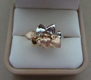 MILOR ITALY 14K GOLD TRI-COLOR DANGLING HEART CHARMS RING - Picture 1 of 7