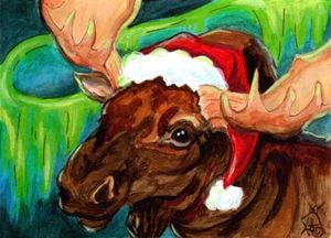 Weihnachtsmann Elch Original ACEO Mini Loberg Kunst Weihnachten Fantasy Gemälde Nordpol - Bild 1 von 3