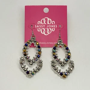 Sassy Jones Malia Glass Dangle Peacock Rhinestone Silver Tone Hook Drop Earrings - Picture 1 of 6