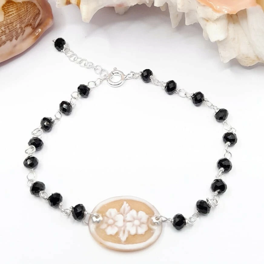 BRACCIALE IN ARGENTO 925% CON CAMMEO SARDONICO E ONICE , BRACCIALE CON FIORI - Immagine 1 di 1