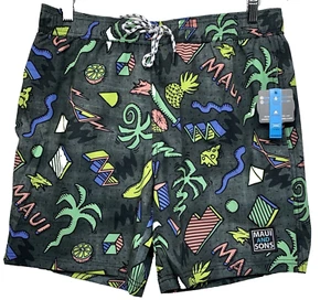 MAUI & SONS BOARD SHORTS MENS M BLACK MULTI ISLAND SLICE ELASTIC WAIST STRETCH - Picture 1 of 19