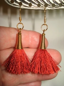 2 3/8" Drop Brass Wire Wrapped Terra Cotta Tassel Handmade Gold Plated Earrings - Picture 1 of 3