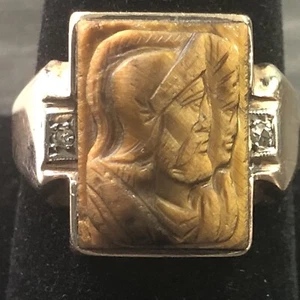 10k Gold Tiger Eye & Diamond Cameo Ring - Size 10.5 - 5.78gram 10k Soldier Cameo - Picture 1 of 19