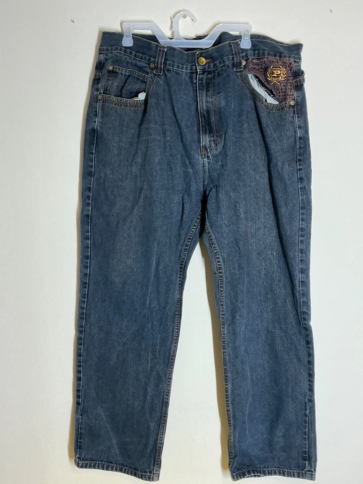 Jeans masculino Phat Farm Classics 44x34 azul relaxado perna reta hip hop jeans - Imagem 1 de 4