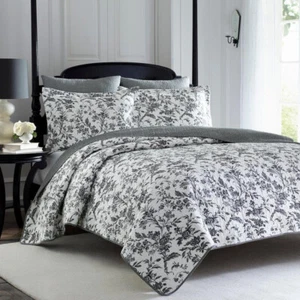 Laura Ashley  Amberley Black & White Floral Toile Cotton KING Quilt Set 3pc - Picture 1 of 5