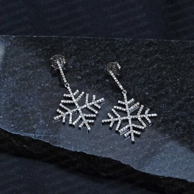 Solid 925 Silver Snowflake Earrings Pave Diamond Handmade Jewelry Gift For Her - Image 1 of 4