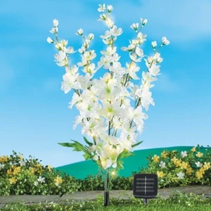 Solar LED Lighted Artificial White Delphinium Bush Outdoor Garden Stake - Picture 1 of 1