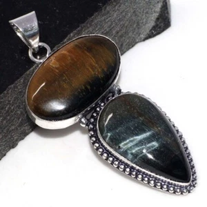 925 Silver Plated Black Tiger Eye Ethnic Long Pendant Jewelry Size 2.6" JW - Picture 1 of 3