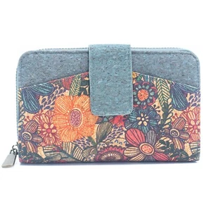 Geldbörse Damen, groß, bunt blau, vegan Leder, vintage, viele Fächer, Blumen - Bild 1 von 5