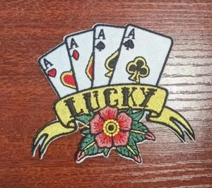 Lucky Poker Patch Aces Four of a Kind Poker Hand Embroidered Iron On 3x2.5" - Picture 1 of 3