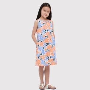 Uniqlo Marimekko Girls Dress Orange Mini Floral Tank Sleeveless A Line Size 13 - Picture 1 of 12