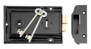 lane type black/black trim pressed metal rim lock and keeper with 2 keys TH 2013 - Picture 1 of 2