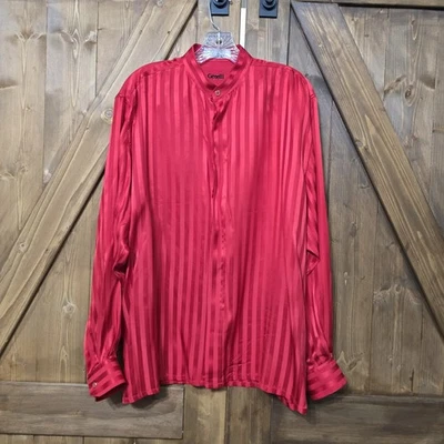 Genelli 100% Silk Red Striped Long Sleeve Shirt M Mandarin Collar Vintage - Image 1 of 4