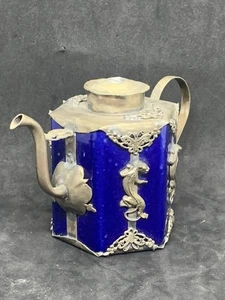 Teiera esagonale porcellana blu cobalto cinese vintage con inserto paktong argento - Foto 1 di 9