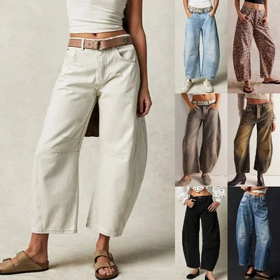 UK Women Wide Leg Mid Waist Denim Mid Rise Barrel Jeans Cropped Pants Loose Jean - Image 1 of 4