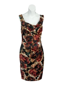 Boston Proper Floral Ruched Dress Red Brown Warm Multicolor Silky Cocktail Sz 6 - Picture 1 of 7