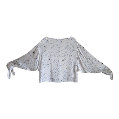 CLUB MONACO Women's S Silk Blouse Ivory Blue Floral Long Sleeve Tie Cuffs 36" - Image 1 of 4