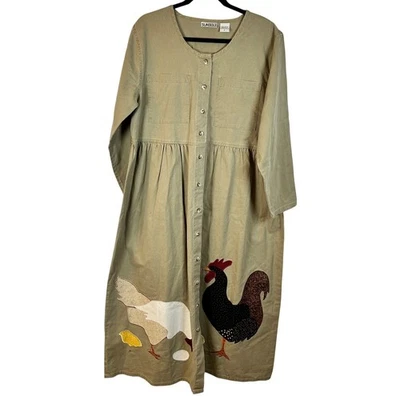 SUNBELT Khaki Large Cotton Button Front Applique Rooster Hen Chick Dress Women's - Image 1 of 4