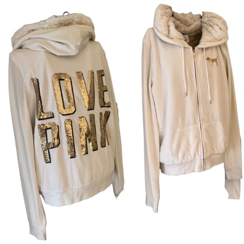 UNDERCOVER Giacca cappotto vintage Victoria's Secret ROSA VS pelliccia sintetica cappuccio panna oro S