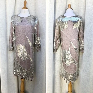 1980 Megere Light Blush Rosa Plata Cuentas Lentejuelas Manga Larga Estilo Aleta Vestido - Imagen 1 de 10