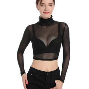 Lady Sheer Mesh See Through T-Shirt Blouse Crop Tops High Neck Long Sleeve Slim - Picture 1 of 8