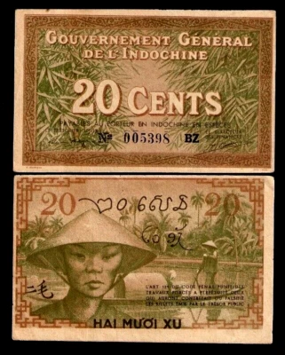 French Indo China 20 CENTS P-86D 1939 Vietnamese AUNC WorldCurrency VIETNAM NOTE - Image 1 of 4