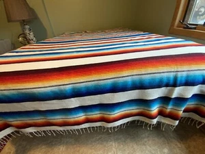 LARGE Bright Colors Wool Woven Blanket With Fringe 91” X 71” Plus Fringe - Picture 1 of 8