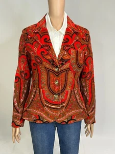 Issac Mizrahi Blazer Women M Orange Red Paisley Corduroy - Picture 1 of 14