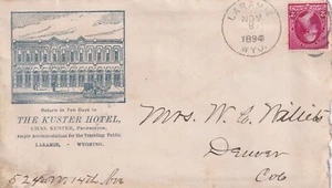 Wyoming 1894 Early advertising cover, The Kuster Hotel, Laramie, 2c (Scott 220) - Picture 1 of 1