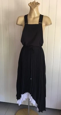 Pinafore DRESS High Low Pleat Skirt MOMA Sz 38 Black white trim Bib n Brace - image 1 of 4