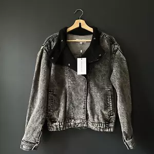 Something Navy Teddy Denim Moto Jacket Washed Black NEU Size Large - Bild 1 von 13