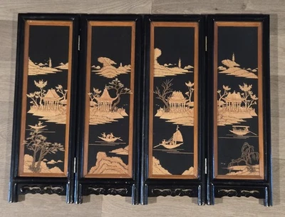 Asian Oriental Carved Cork Folding Screen 4 Lacquered Wood Panels with Glass - Image 1 of 4