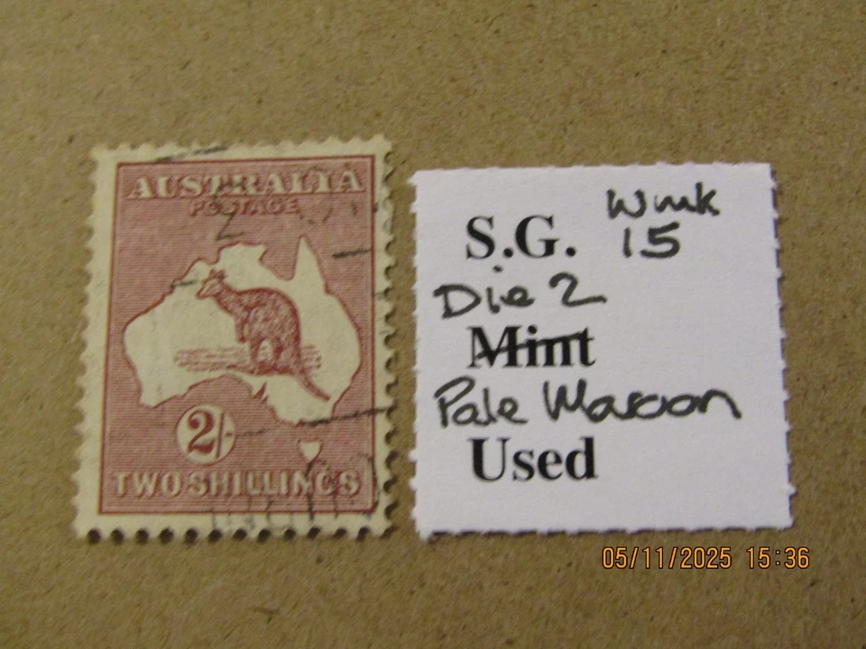 AUSTRALIA KANGAROO SG 134 2/- PALE MAROON DIE 2 WMK.15/SG WMK No 15 USED - Image 1 of 1