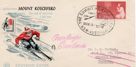 Australia-Polonica-Mt Kosciusko Souvenir Cover with 1957 Comm. Cancel Cover