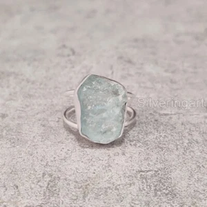 SOLID 925 STERLING SILVER ROUGH MARCH AQUAMARINE WOMENS DOUBLE BAND SIMPLE RING - Picture 1 of 5