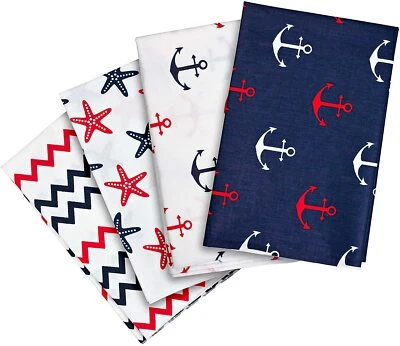 Stoffpaket: 4 x Patchwork Stoffe (Baumwolle), 50 x 40 cm, maritim, blau + weiß - Bild 1 von 4