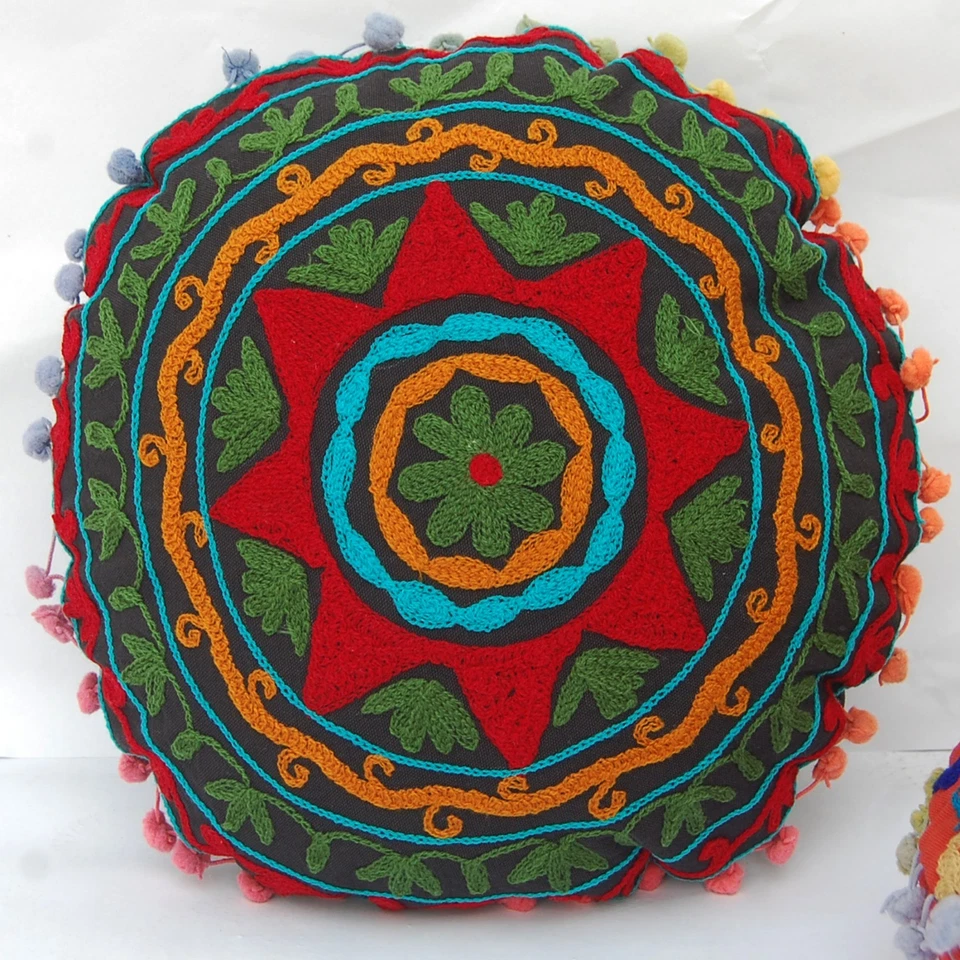 Ethnic Floral Round Embroidered Suzani Floor Cushion Cover Pom Pom Cotton 16" - Image 1 of 4